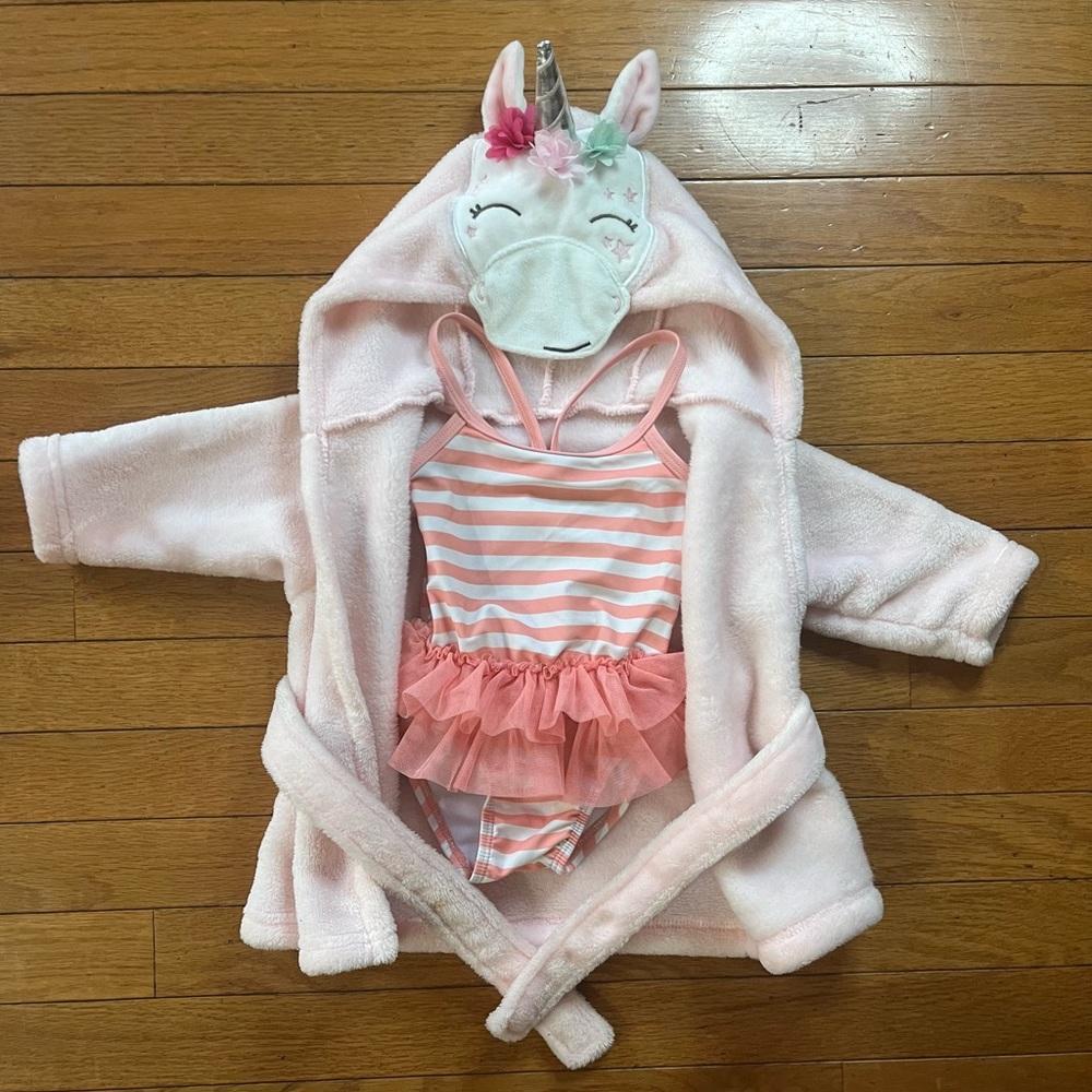 🦄 baby robe and a bathing suit.
